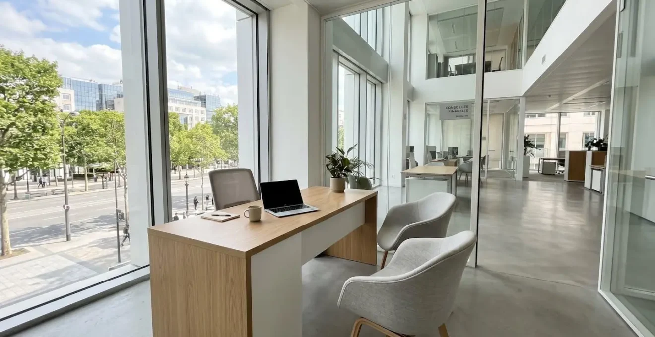 Intérieur d'une agence bancaire contemporaine vide, avec un bureau de consultation et des chaises, baigné de lumière naturelle provenant de grandes fenêtres
