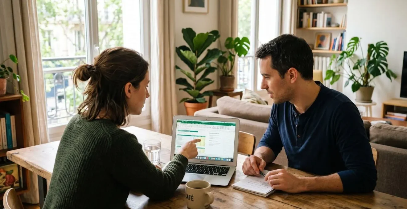 Un couple trentenaire vu de dos, assis à une table avec un ordinateur portable et des documents papier, dans un salon lumineux et contemporain