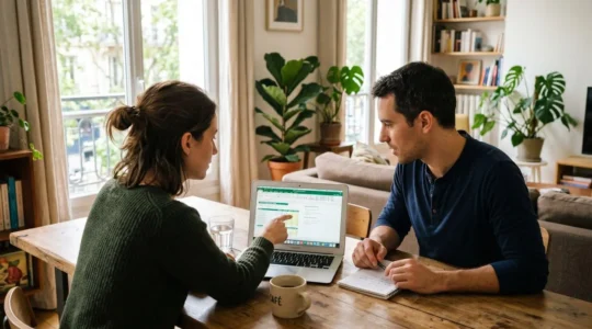 Un couple trentenaire vu de dos, assis à une table avec un ordinateur portable et des documents papier, dans un salon lumineux et contemporain