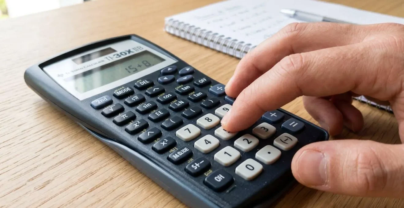 Gros plan sur des mains tapant sur une calculatrice moderne, avec une feuille de budget manuscrite floue en arrière-plan, posée sur un bureau en bois clair