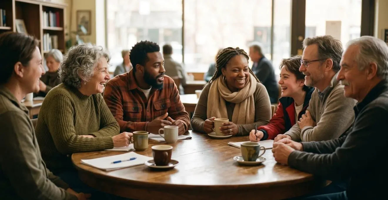 Groupe de personnes souriantes discutant autour d'une table ronde, illustrant la communauté d'emprunteurs engagés du Crédit Coopératif.