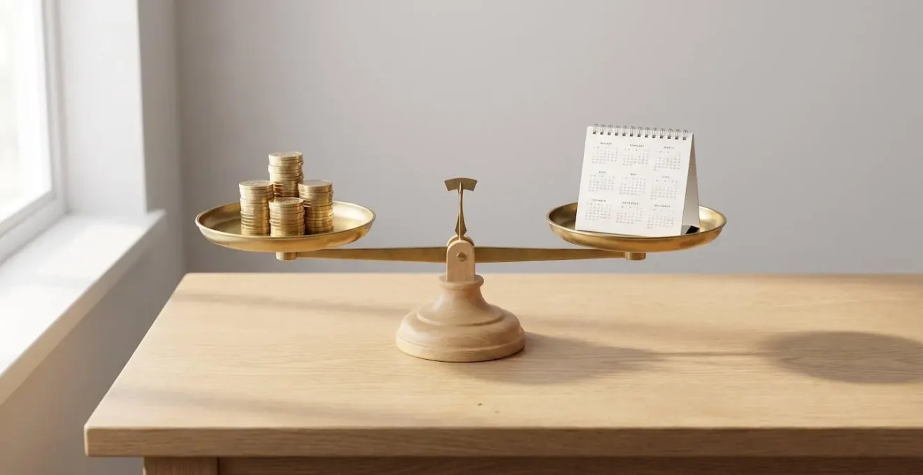 Balance d'apothicaire en équilibre entre des pièces d'euros et un calendrier, symbolisant l'arbitrage entre coût et durée de remboursement.