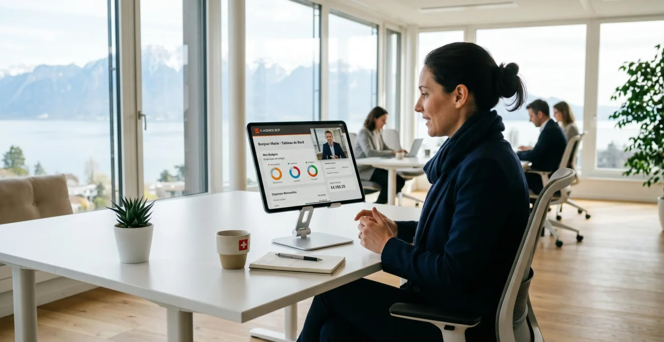 Client consultant son conseiller bancaire via tablette professionnelle affichant interface de banque en ligne dans un espace e-agence moderne avec lumière naturelle