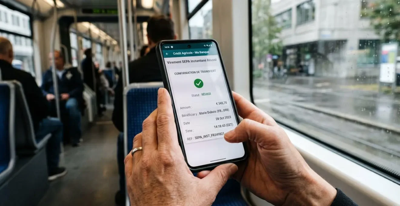 Mains tenant smartphone affichant confirmation virement SEPA Instant abouti en 8 secondes sur interface bancaire française