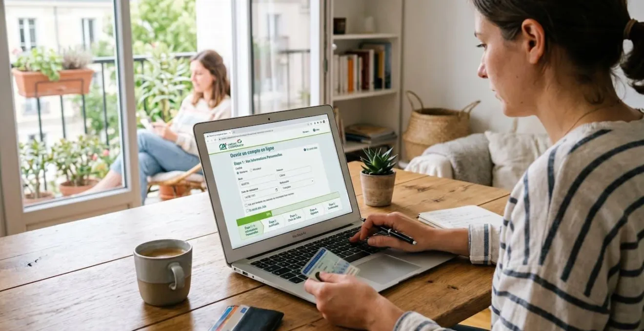 Ordinateur portable affichant formulaire ouverture compte Crédit Coopératif en ligne avec progression étape 2 sur 4 sur table domestique