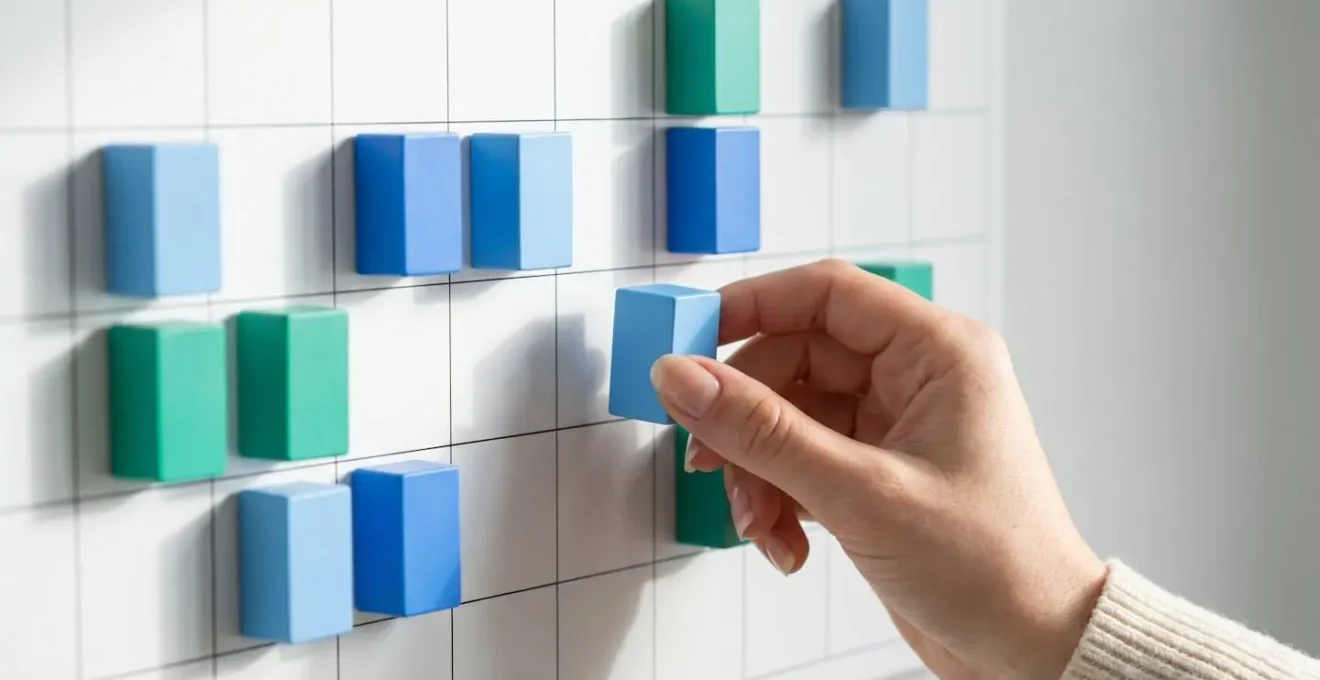 Main déplaçant des blocs colorés sur un planning magnétique, symbolisant la flexibilité des options de modulation de remboursement.