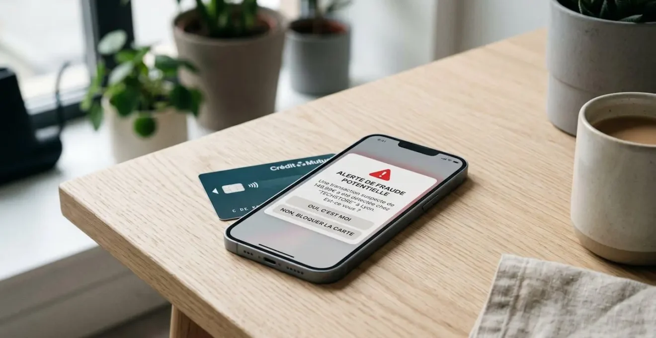 Smartphone affichant notification bancaire française d'alerte fraude en temps réel posé sur bureau avec carte bancaire