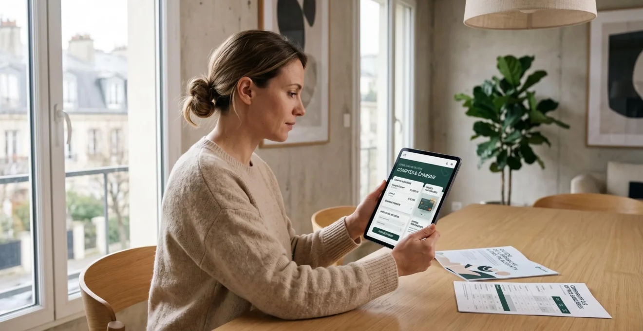 Adulte consultant une application bancaire sur tablette à une table de séjour moderne, avec documents de comparaison d'établissements bancaires posés à côté, dans un intérieur résidentiel contemporain éclairé par lumière naturelle