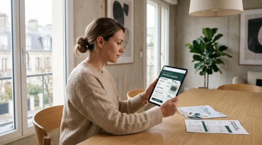 Adulte consultant une application bancaire sur tablette à une table de séjour moderne, avec documents de comparaison d'établissements bancaires posés à côté, dans un intérieur résidentiel contemporain éclairé par lumière naturelle