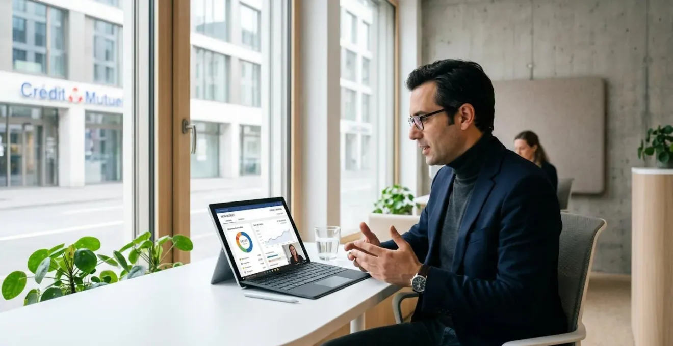 Client consultant son conseiller bancaire via tablette professionnelle affichant interface de banque en ligne dans un espace e-agence moderne avec lumière naturelle