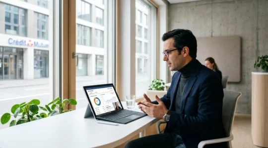 Client consultant son conseiller bancaire via tablette professionnelle affichant interface de banque en ligne dans un espace e-agence moderne avec lumière naturelle