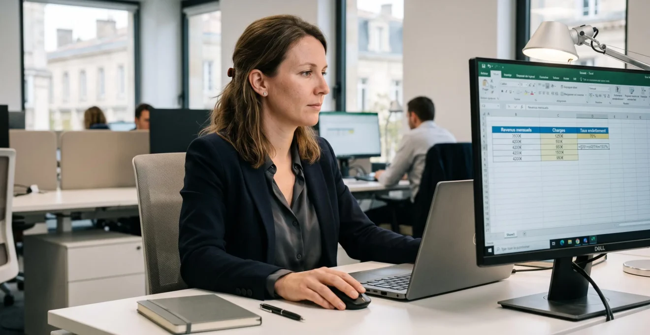 Conseillère en financement immobilier analysant un tableau de calcul de capacité d'emprunt sur son ordinateur dans un bureau à Bordeaux
