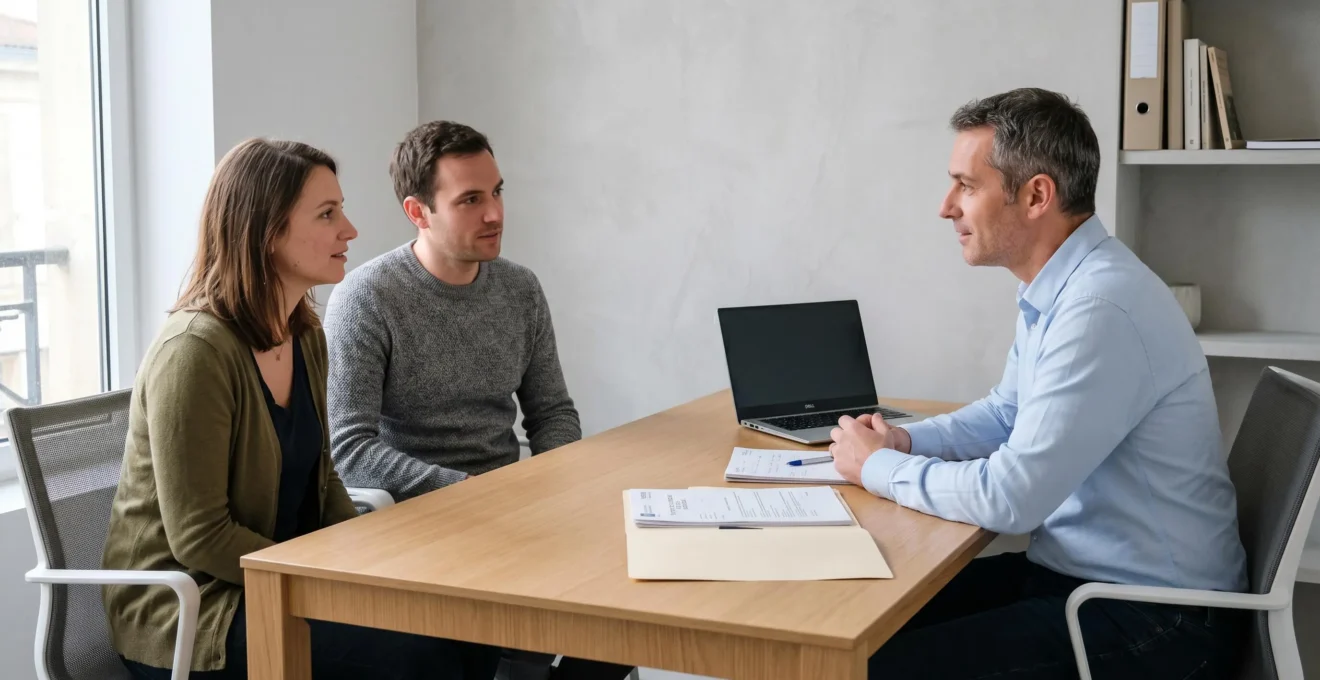 Consultation de financement immobilier dans un bureau de courtage à Bordeaux : conseiller face à un couple de clients autour d'une table de travail avec documents de prêt et ordinateur