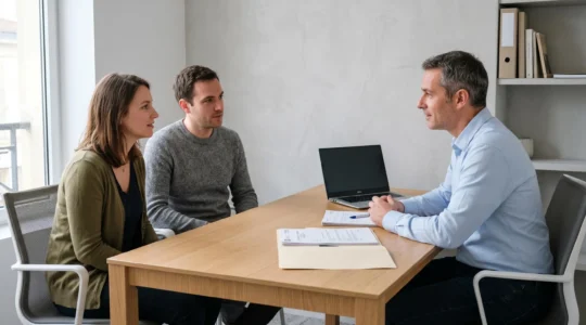 Consultation de financement immobilier dans un bureau de courtage à Bordeaux : conseiller face à un couple de clients autour d'une table de travail avec documents de prêt et ordinateur