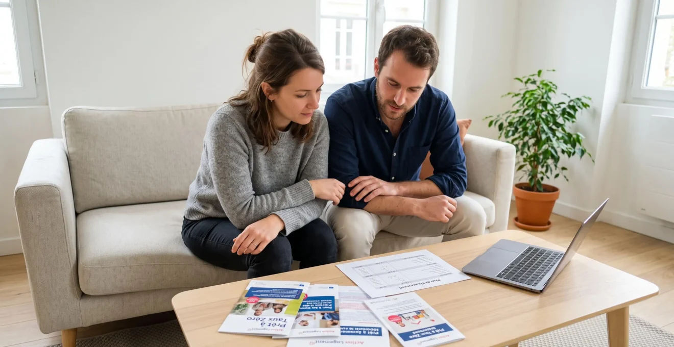 Jeune couple consultant des brochures d'aides au logement PTZ et Action Logement avec un plan de financement sur la table de leur salon à Bordeaux