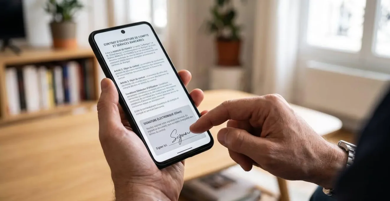 Main signant électroniquement un document de contrat bancaire sur écran de smartphone lors d'une ouverture de compte en ligne
