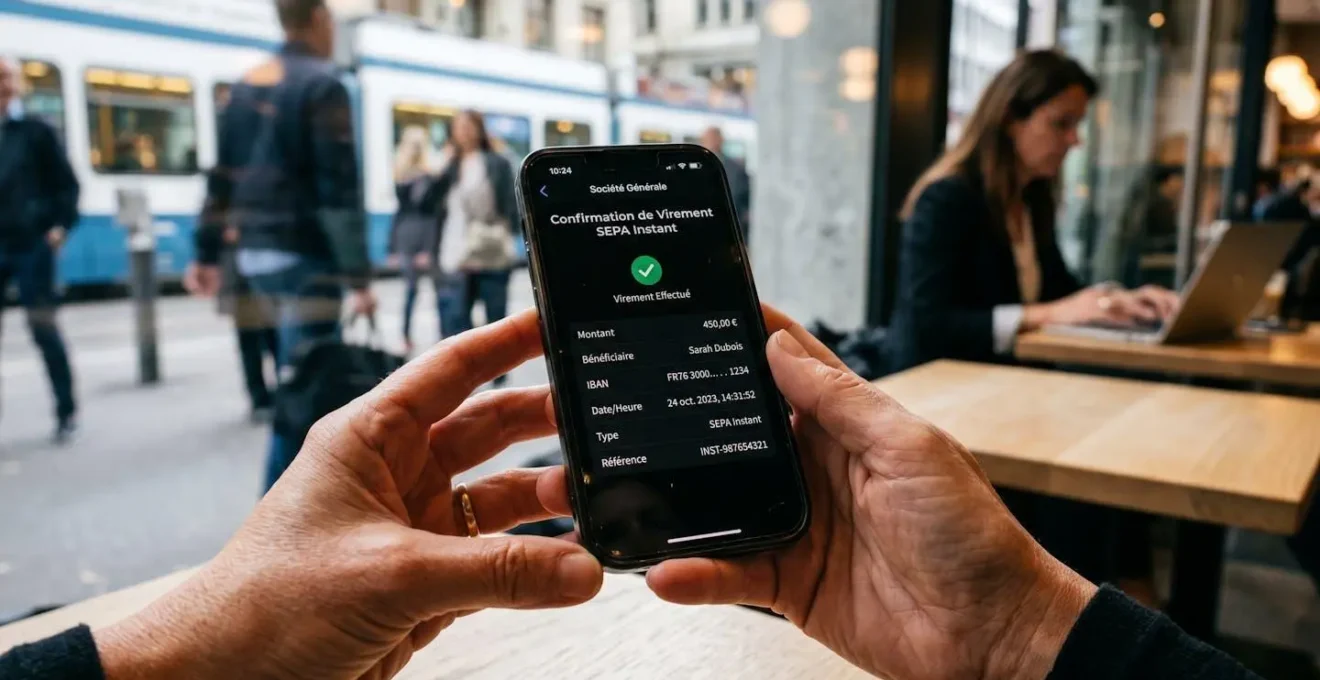 Mains tenant smartphone affichant confirmation virement SEPA Instant abouti en 8 secondes sur interface bancaire française