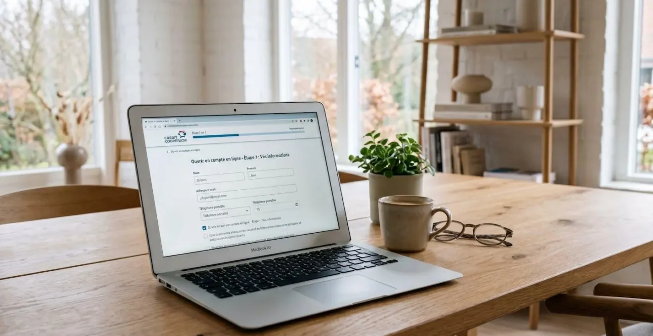 Ordinateur portable affichant formulaire ouverture compte Crédit Coopératif en ligne avec progression étape 2 sur 4 sur table domestique