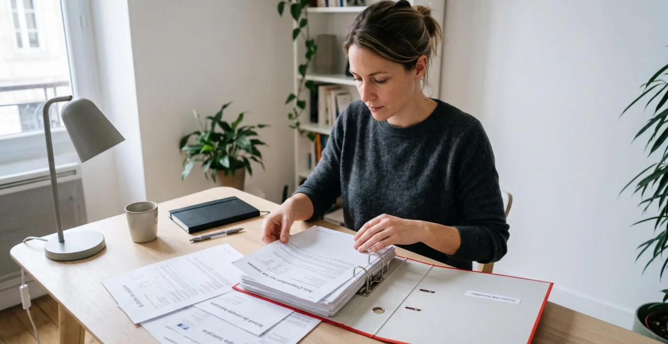 Organisation de justificatifs administratifs pour un dossier de prêt immobilier : bulletins de salaire, avis d'imposition et relevés bancaires sur un bureau à Bordeaux
