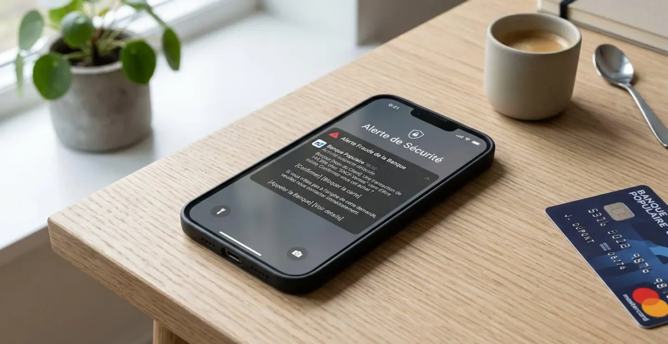Smartphone affichant notification bancaire française d'alerte fraude en temps réel posé sur bureau avec carte bancaire