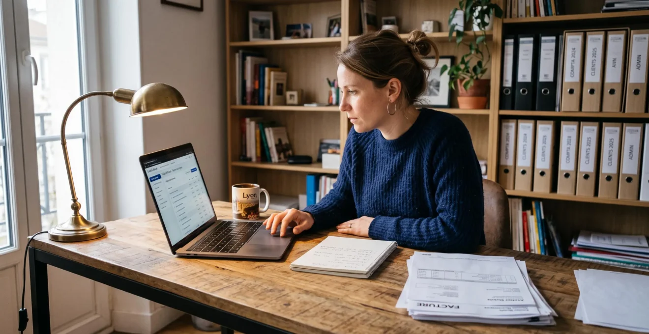 Travailleur indépendant dans son bureau à domicile gérant ses comptes bancaires en ligne sur ordinateur portable, avec documents comptables sur le bureau