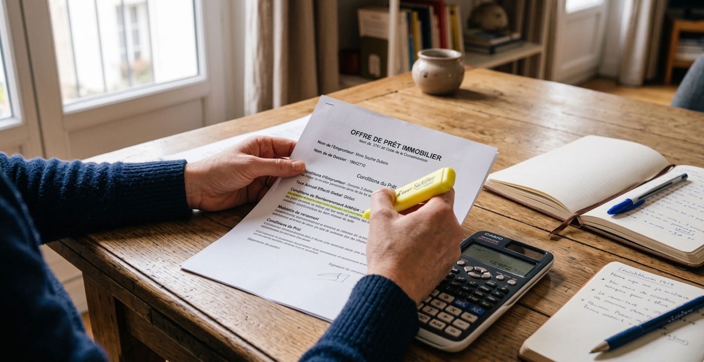 Des mains surlignant une ligne d'une offre de prêt imprimée, avec une calculatrice posée sur la table.
