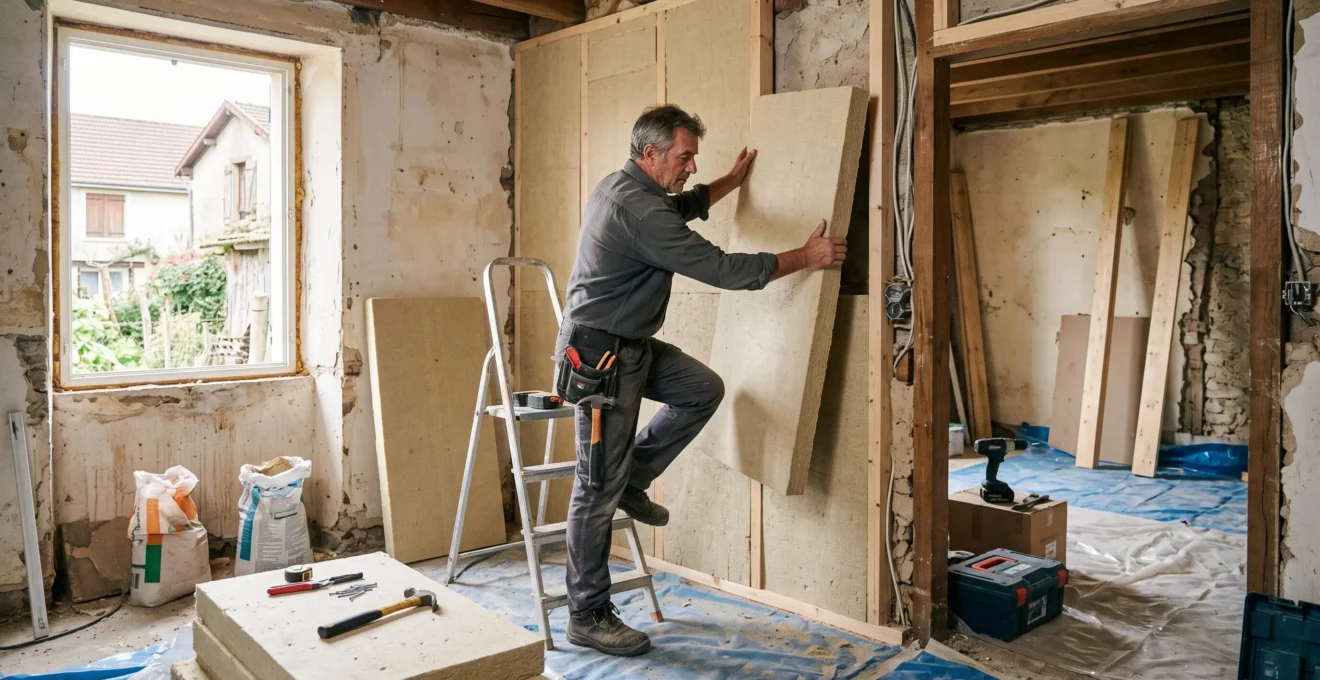 Un artisan pose des panneaux isolants sur un mur intérieur lors d'une rénovation énergétique.