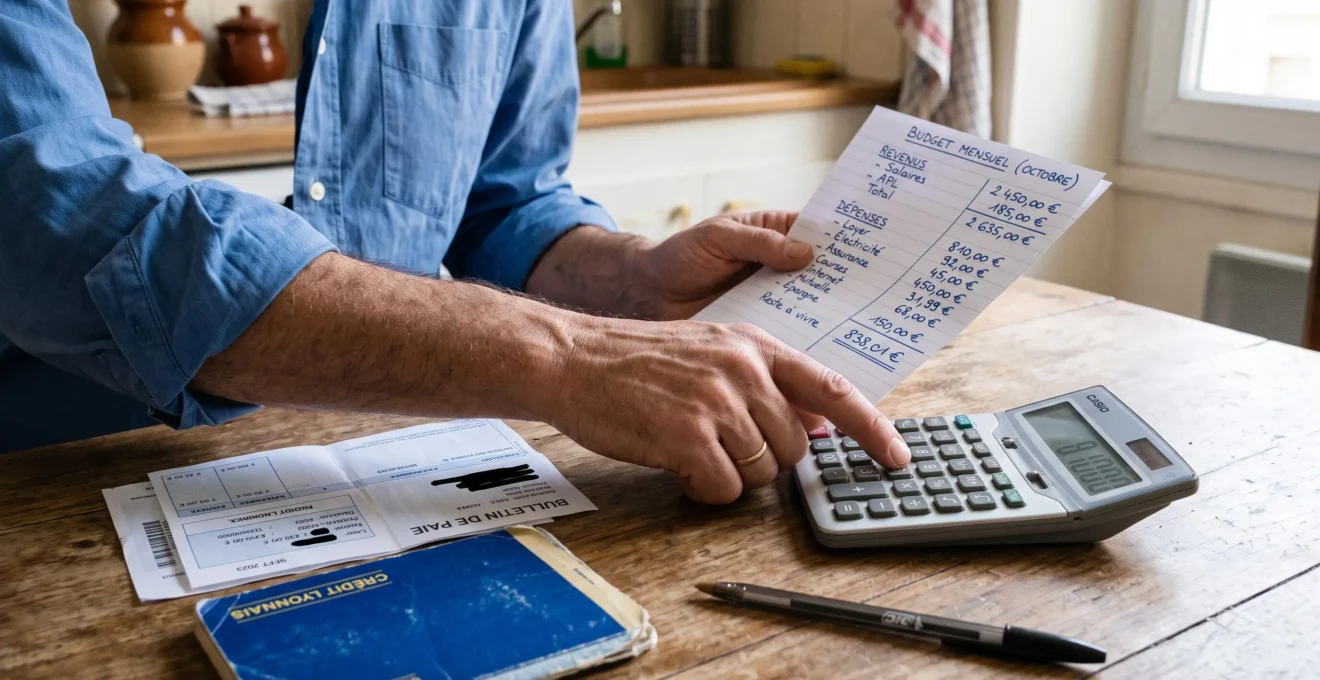 Des mains calculent un budget mensuel sur une calculatrice, avec une feuille manuscrite et des bulletins de salaire sur une table de cuisine.