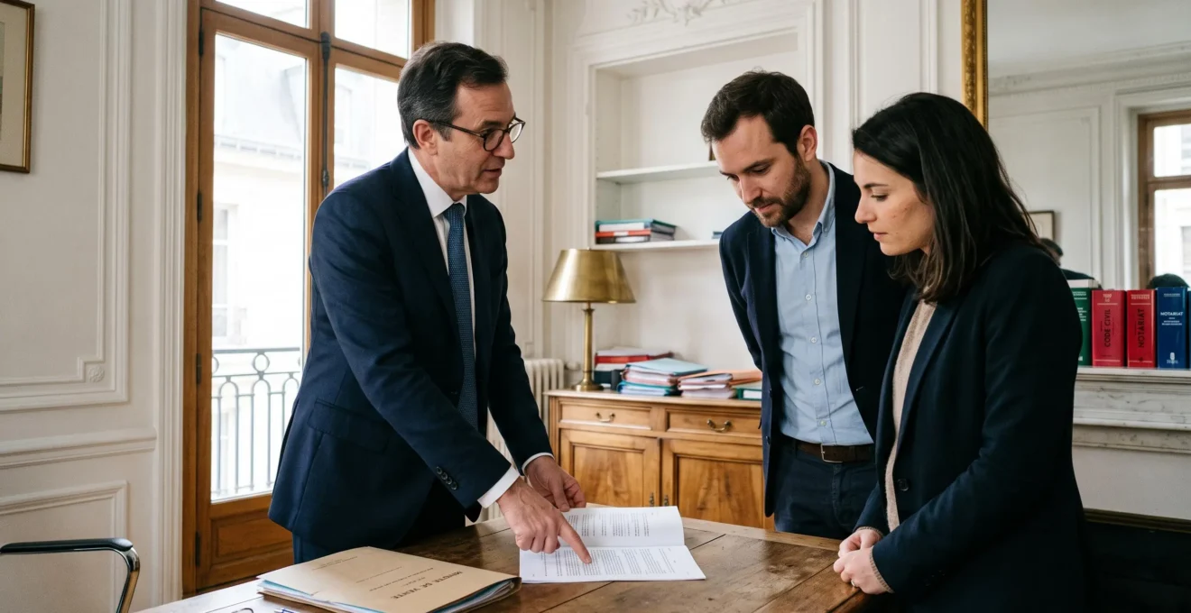 Un clerc de notaire expliquant une clause d'un document à un couple dans un office notarial français.
