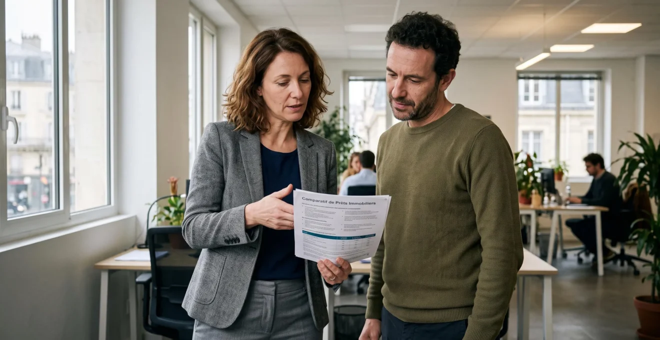 Une courtière en crédit immobilier debout, expliquant un dossier de prêt à une cliente dans un bureau ouvert.