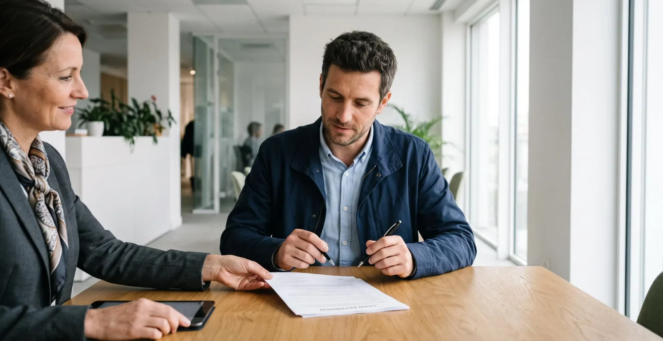 Un emprunteur s'apprêtant à signer son offre de prêt immobilier face à un conseiller bancaire dans une salle de rendez-vous.