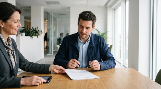 Un emprunteur s'apprêtant à signer son offre de prêt immobilier face à un conseiller bancaire dans une salle de rendez-vous.
