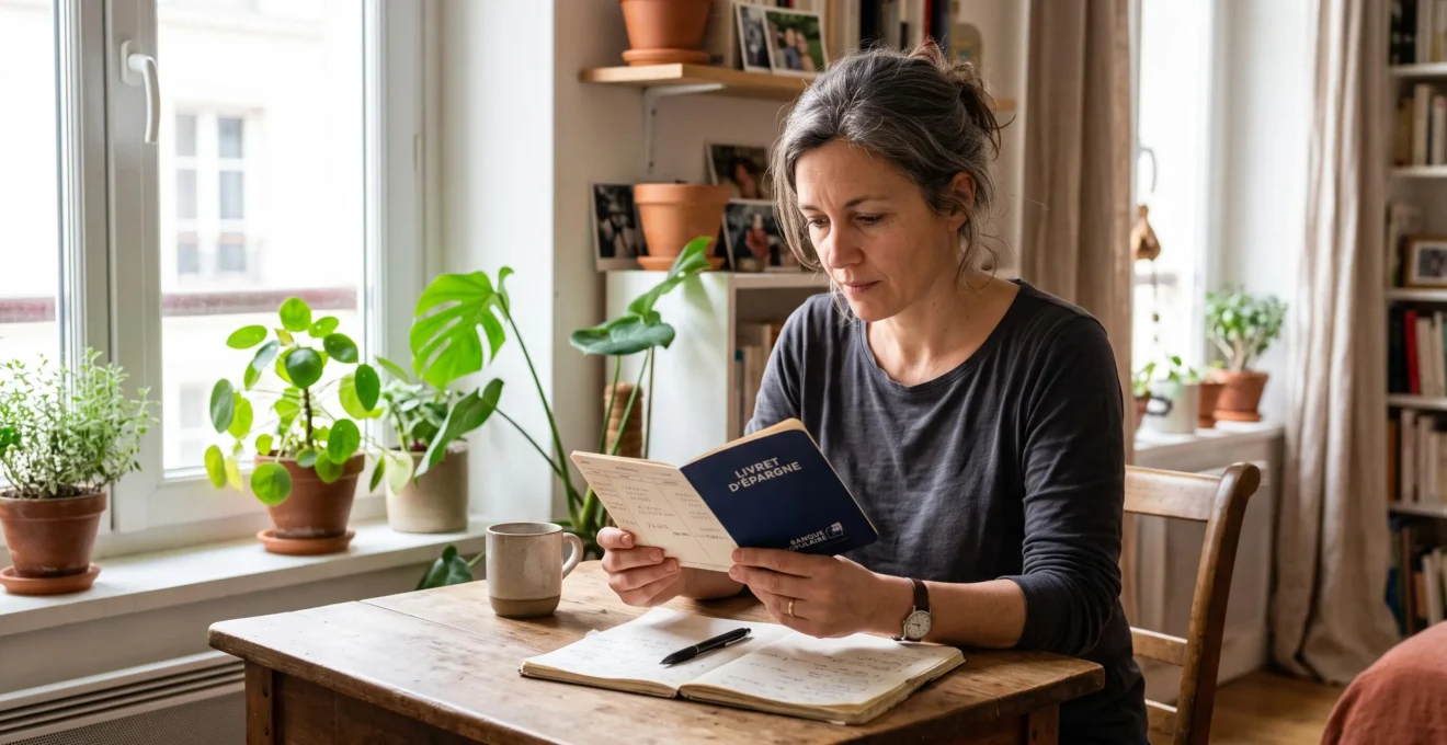 Une femme consulte son livret d'épargne posé sur une table dans son domicile.
