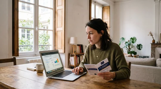 Une femme utilise un simulateur de prêt immobilier sur ordinateur portable à la table de son appartement.