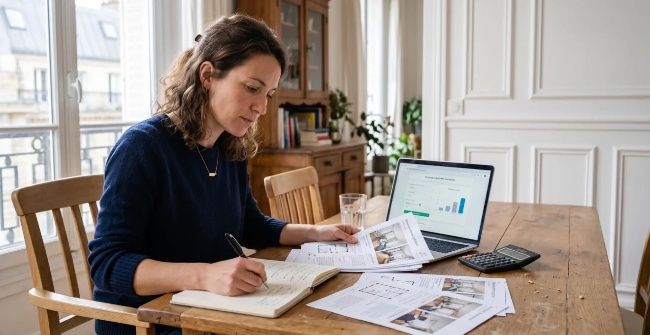 Une femme compare des annonces immobilières imprimées avec une calculatrice et un ordinateur portable à la table de son appartement.