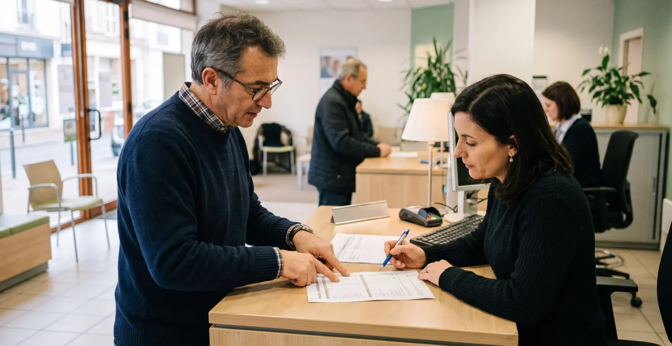 Un client échange avec un conseiller bancaire au comptoir d'une agence à propos d'un document récapitulatif.