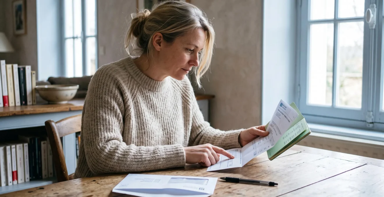 Une femme consulte son livret d'épargne et un relevé bancaire papier à la table de son domicile.